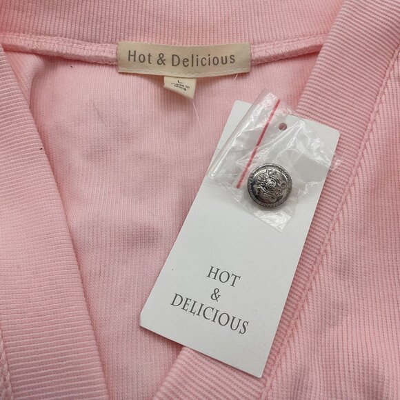 Hot & Delicious Cropped Ribbed Lt Pink Cardi Decorative Buttons Epaulettes L NWT - Picture 6 of 9